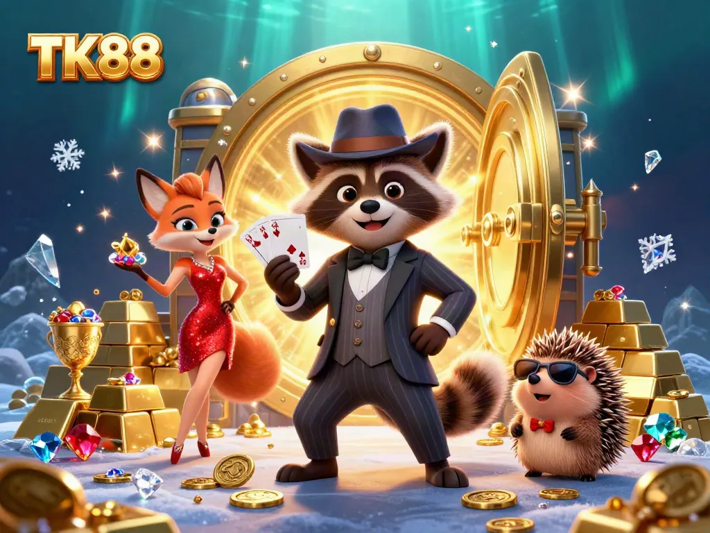 Experience the excitement of TK88 with a suave raccoon, a dazzling fox, and a hedgehog bouncer amidst overflowing treasures.
