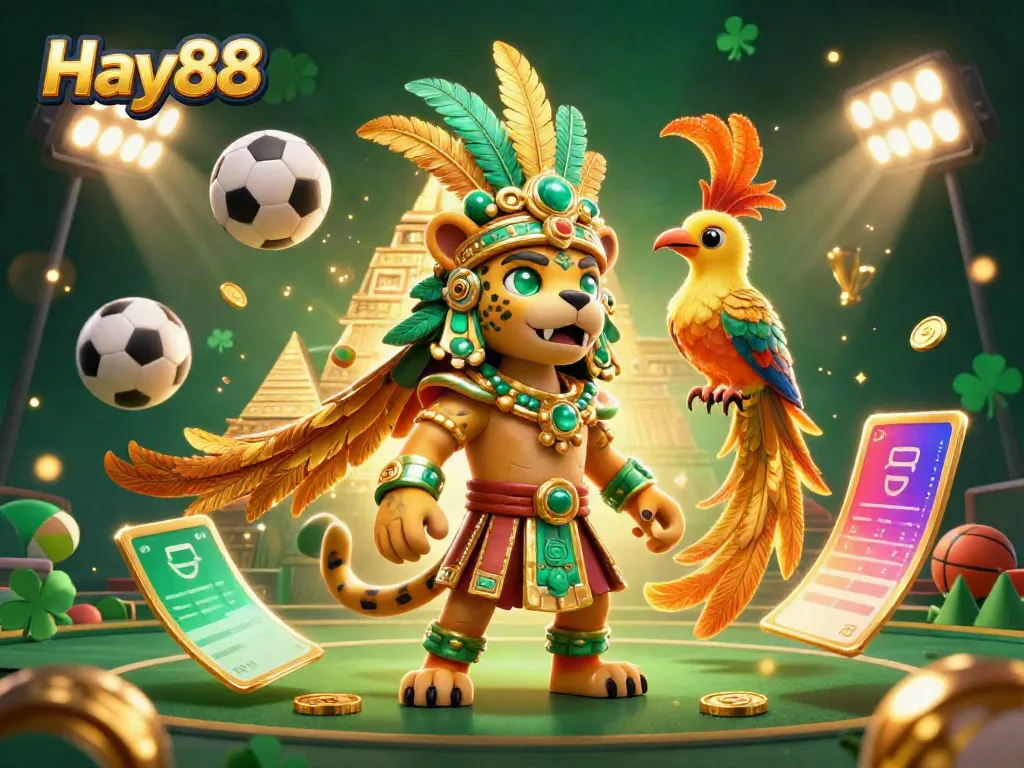 Bet on sports with Hay88 featuring a Mayan jaguar priest in a vibrant dynamic scene.