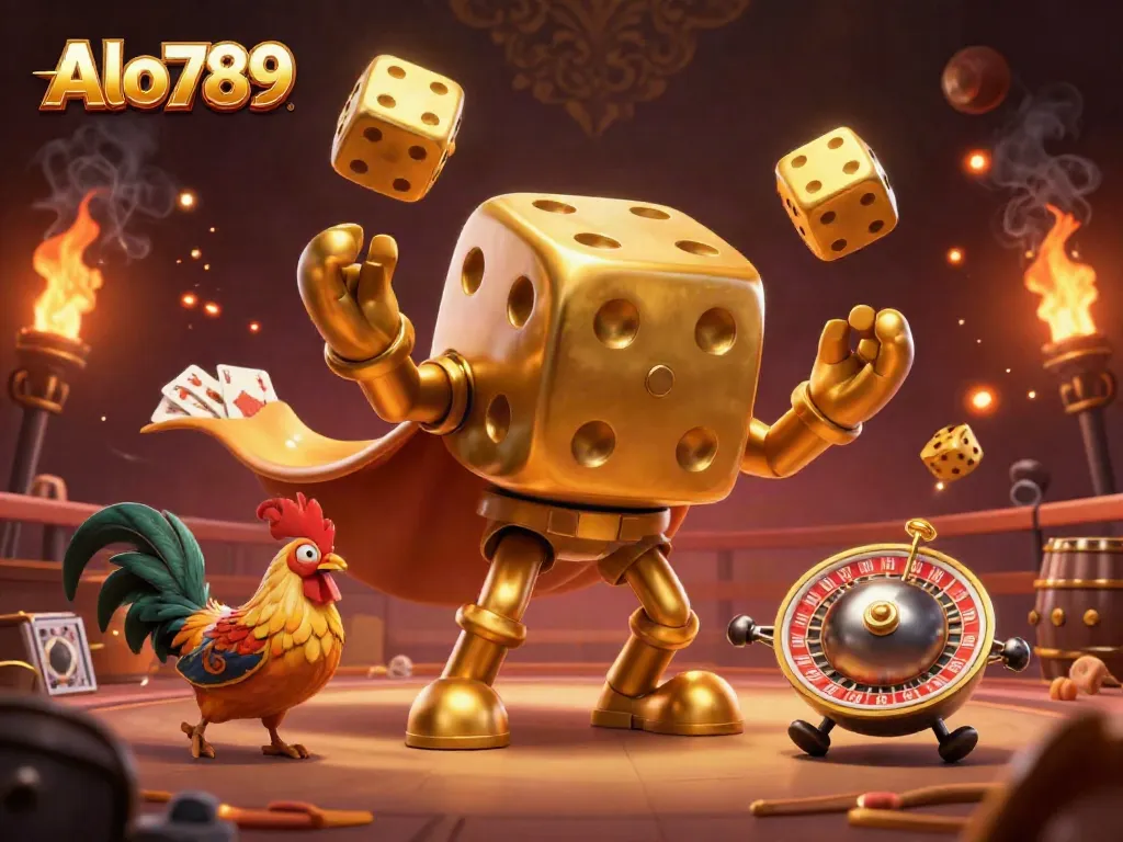 Alo789 delivers exciting cockfighting action with golden dice characters and dynamic game elements.
