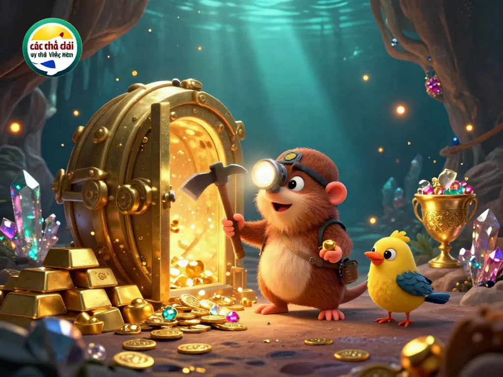 This vibrant 3D illustration showcases các nhà cái uy tín Việt Nam with a treasure hunter mole and a gold-exuding vault, symbolizing wealth and excitement in gambling.