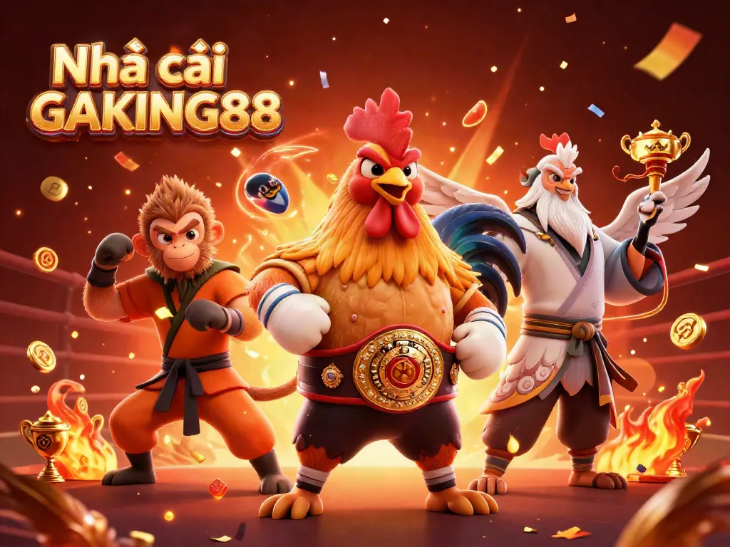 Watch thrilling cockfighting action at Nhà cái GAKING88 with characters and symbols celebrating the sport.
