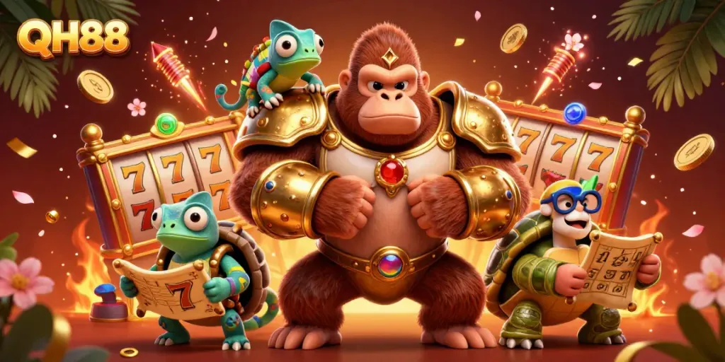 Engage with QH88's thrilling gaming experience featuring a gorilla king, chameleon, and tortoise in a vibrant casino artwork.