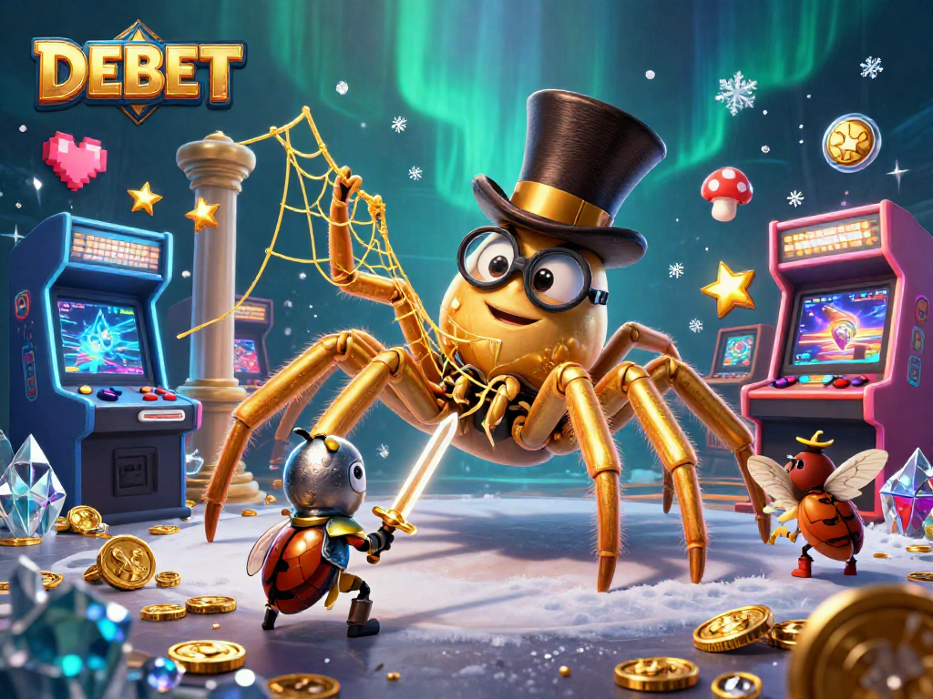 Engage with DEBET as a brave knight approaches a golden tarantula in a vibrant casino scene.