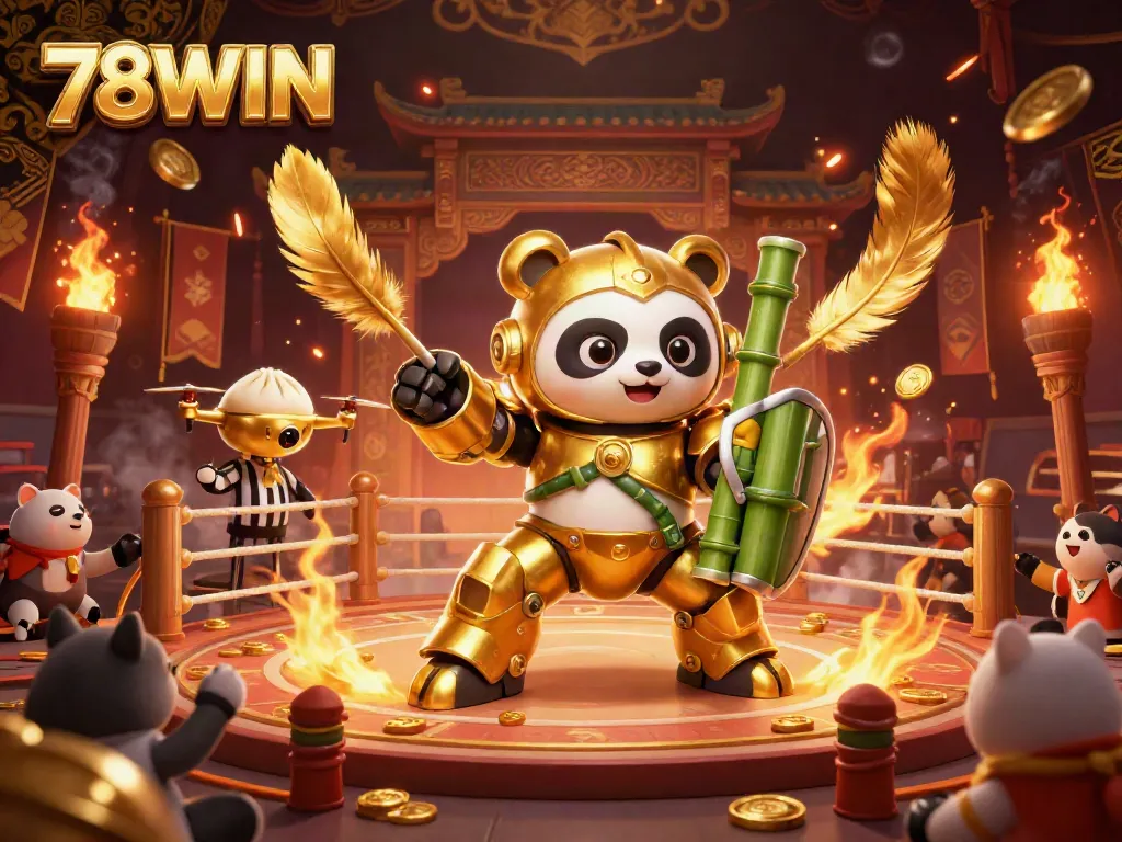 Experience thrilling action at 78WIN with a golden panda piloting a robot in an exciting casino arena.
