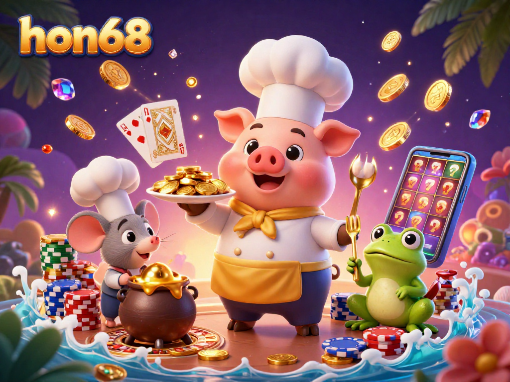 Win big at hon68 with a chef pig serving gold coins, surrounded by vibrant casino elements.