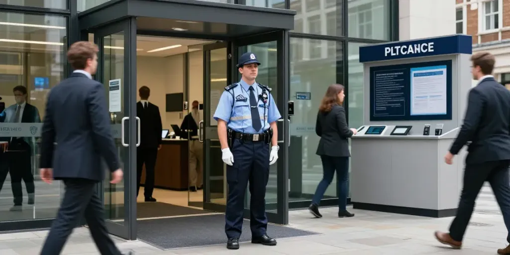 Security guard providing professional service at a local office, ensuring safety for businesses.