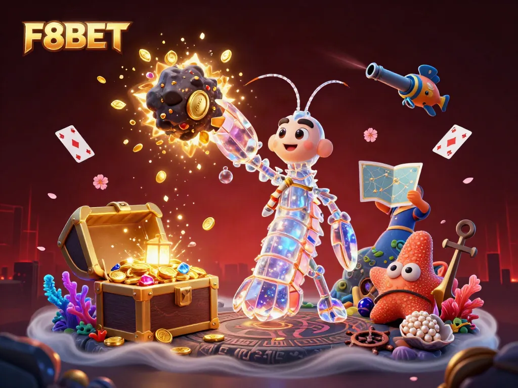 Experience the excitement of F8BET as characters collect treasures amidst vibrant underwater casino scenes.