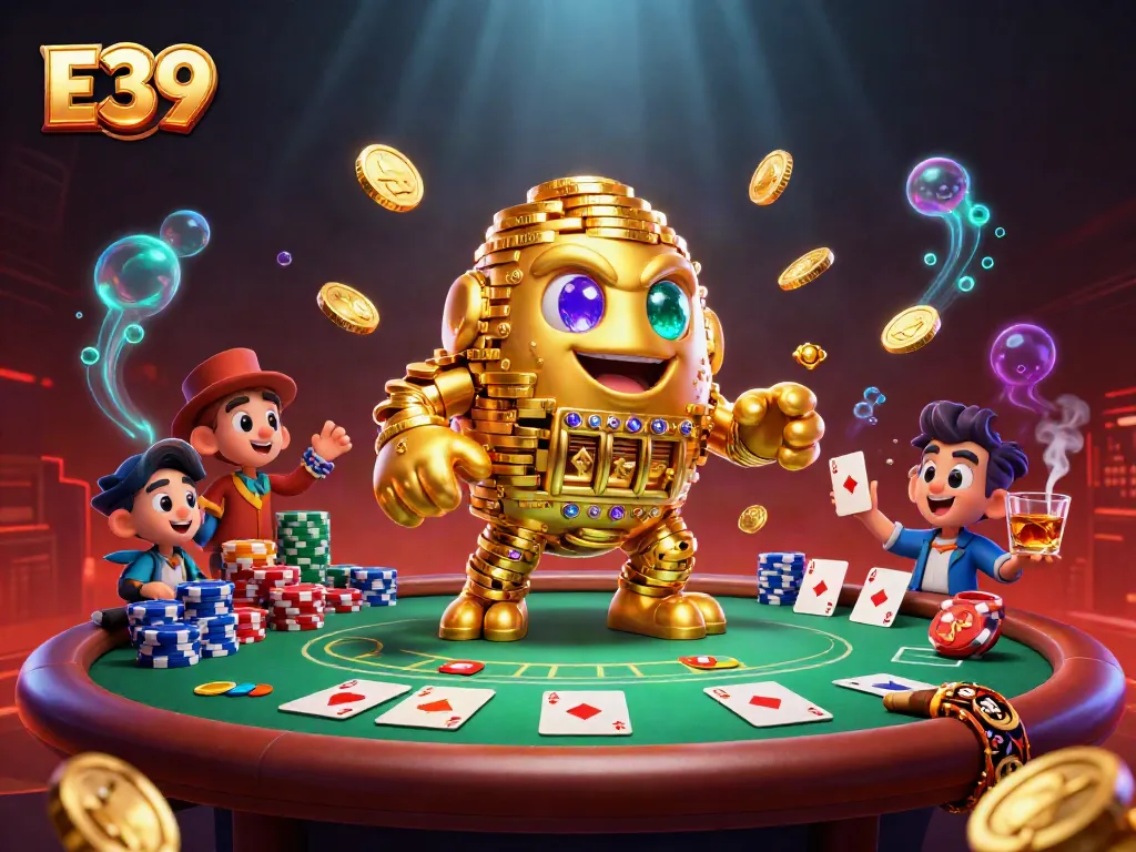 E39 golem character amidst vibrant casino elements, showcasing poker chips and cards.