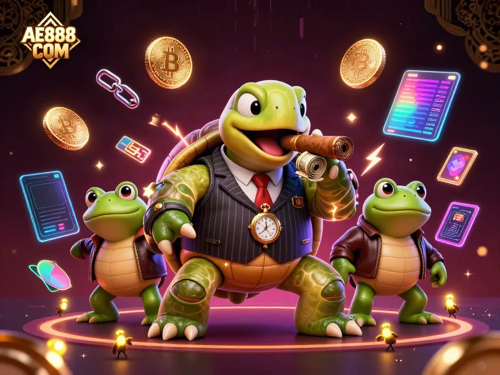 Engage with AE888 COM in a vibrant casino scene featuring a snapping turtle and froggy enforcers.