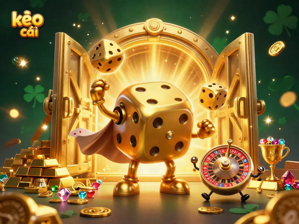 Engage with kèo nhà cái in an exciting scene with gold, dice, and gambling elements.