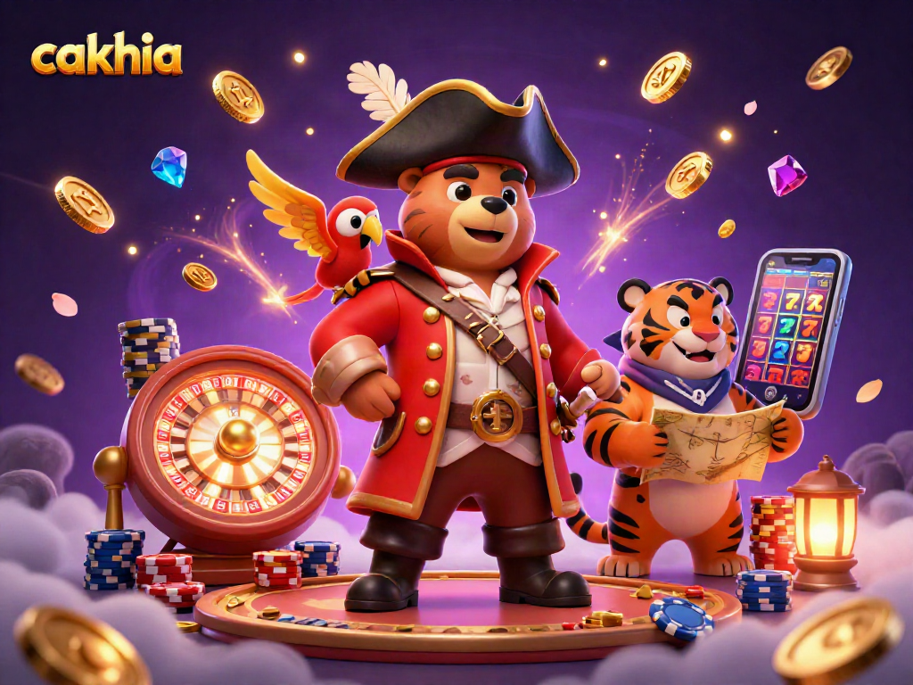 Cakhia showcases an engaging pirate-themed casino scene featuring a bear captain, tiger, and golden coins.