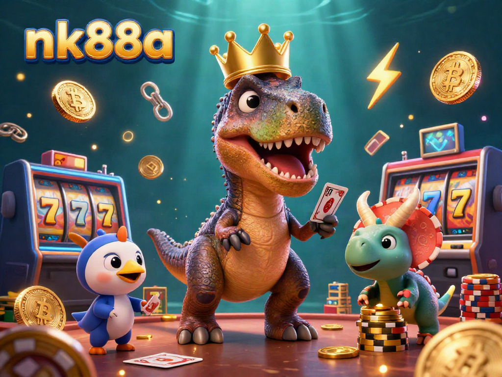 Engaging nk88a casino scene with a friendly T-Rex shuffling cards and a baby triceratops stacking golden chips.