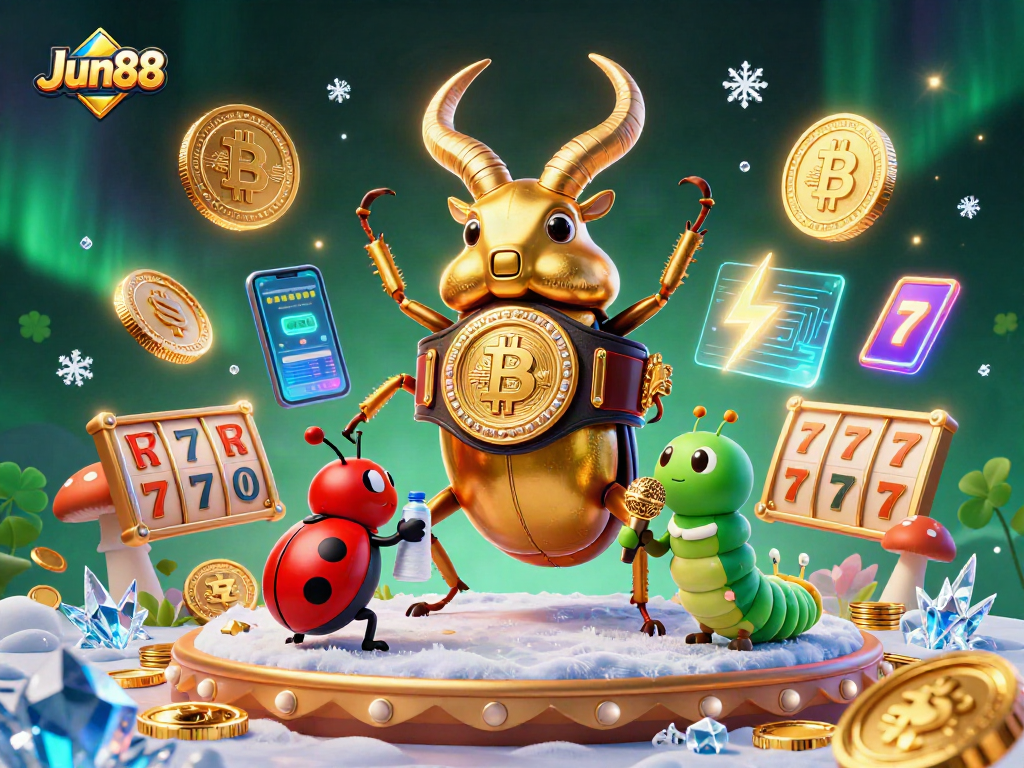 Enhance your gaming experience with Jun88's vibrant casino scene featuring a golden stag beetle champion.