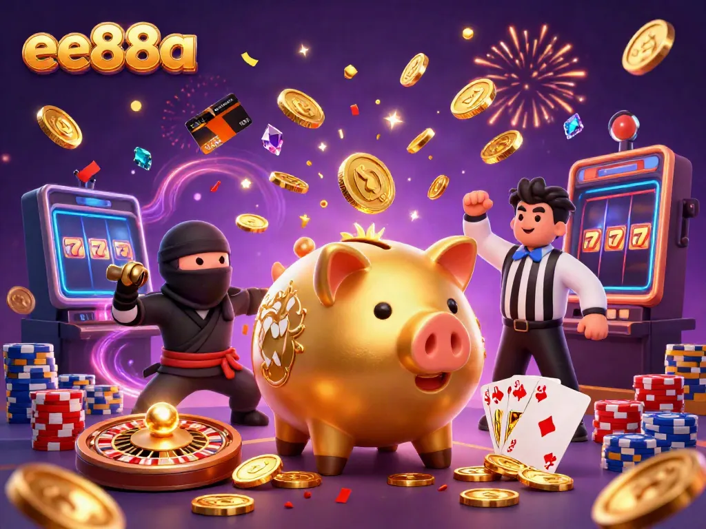 Engage with ee88a's online gaming experience amid cascading coins and celebratory themes.
