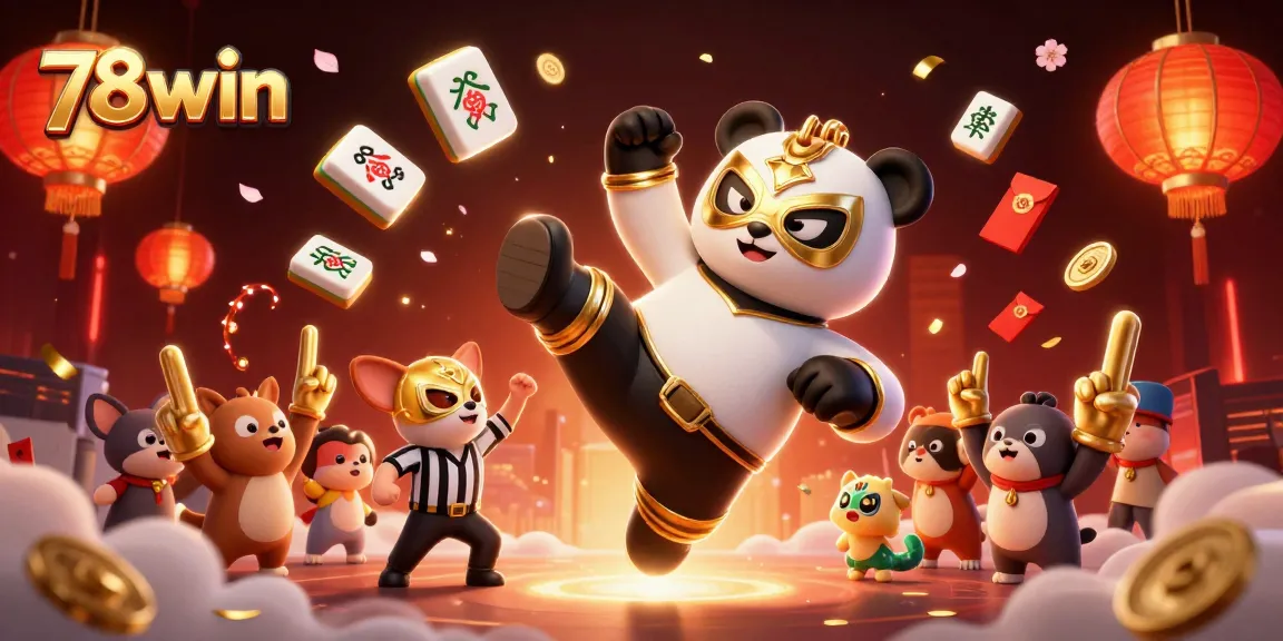 Experience thrilling actions with 78win featuring a wrestling panda amidst vibrant casino elements.
