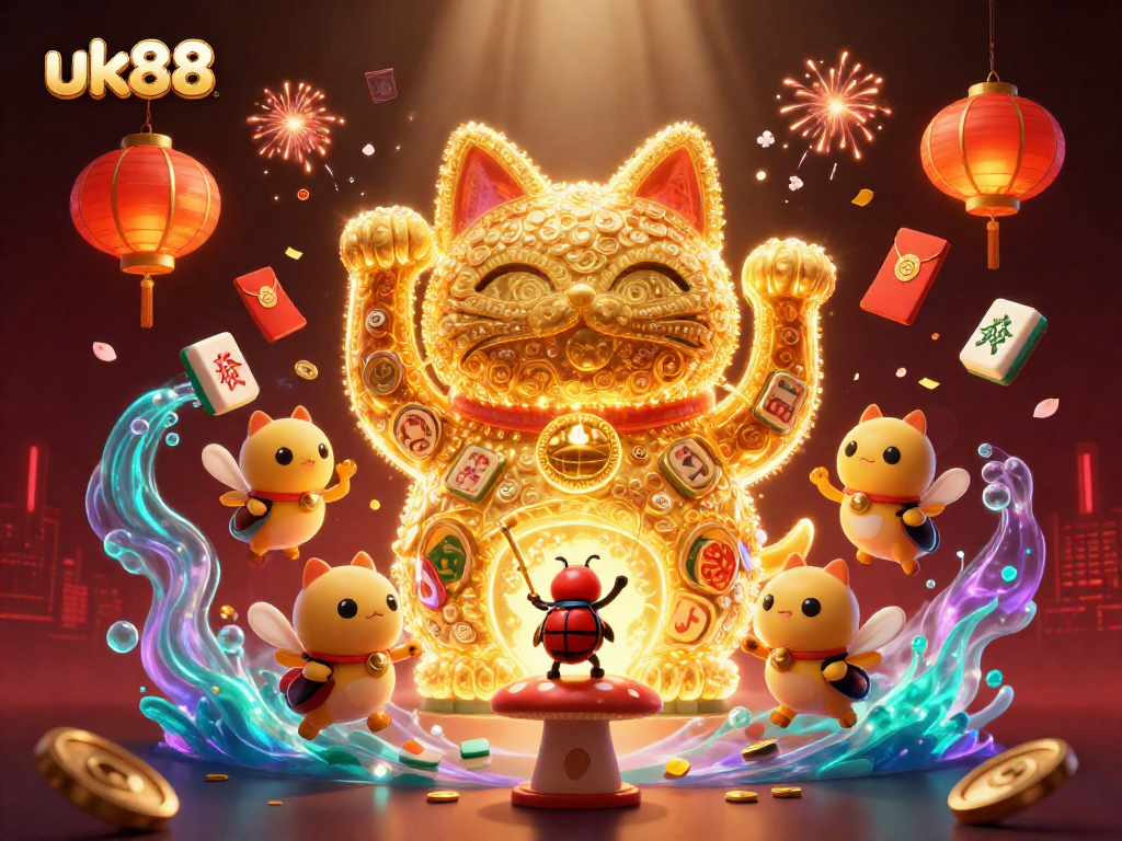 Engage with the vibrant uk88 casino scene showcasing a joyful lucky cat and fireworks around glowing symbols.