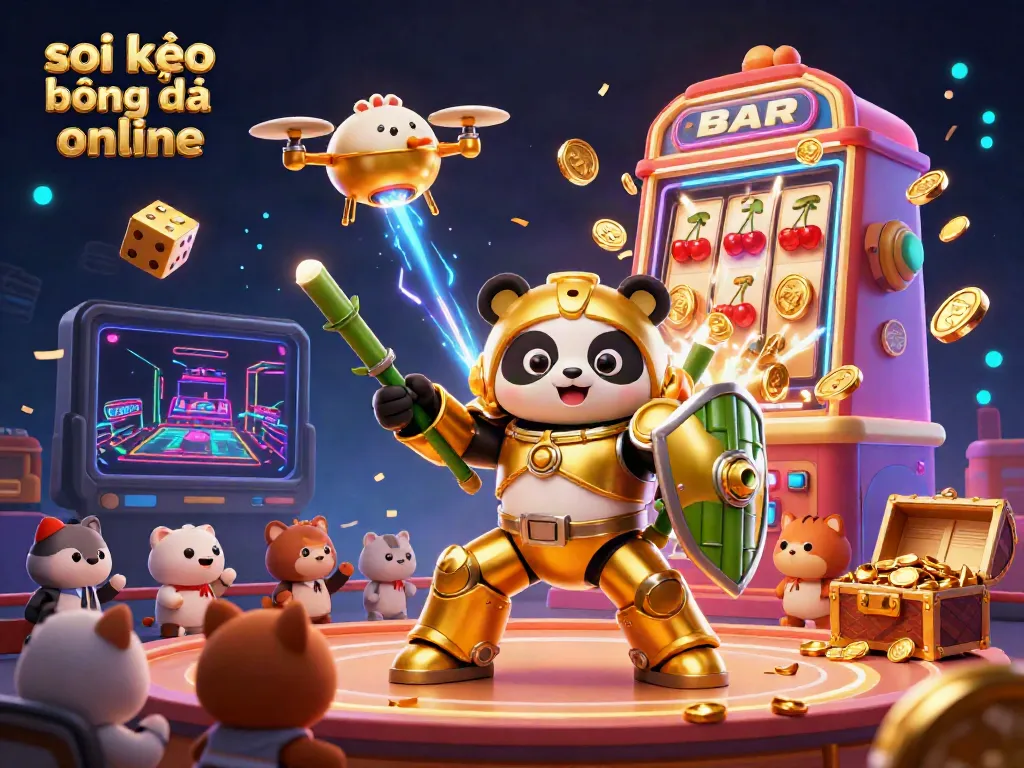 Soi kèo bóng đá online animated scene with a golden panda piloting a robot, set in an exciting casino atmosphere.