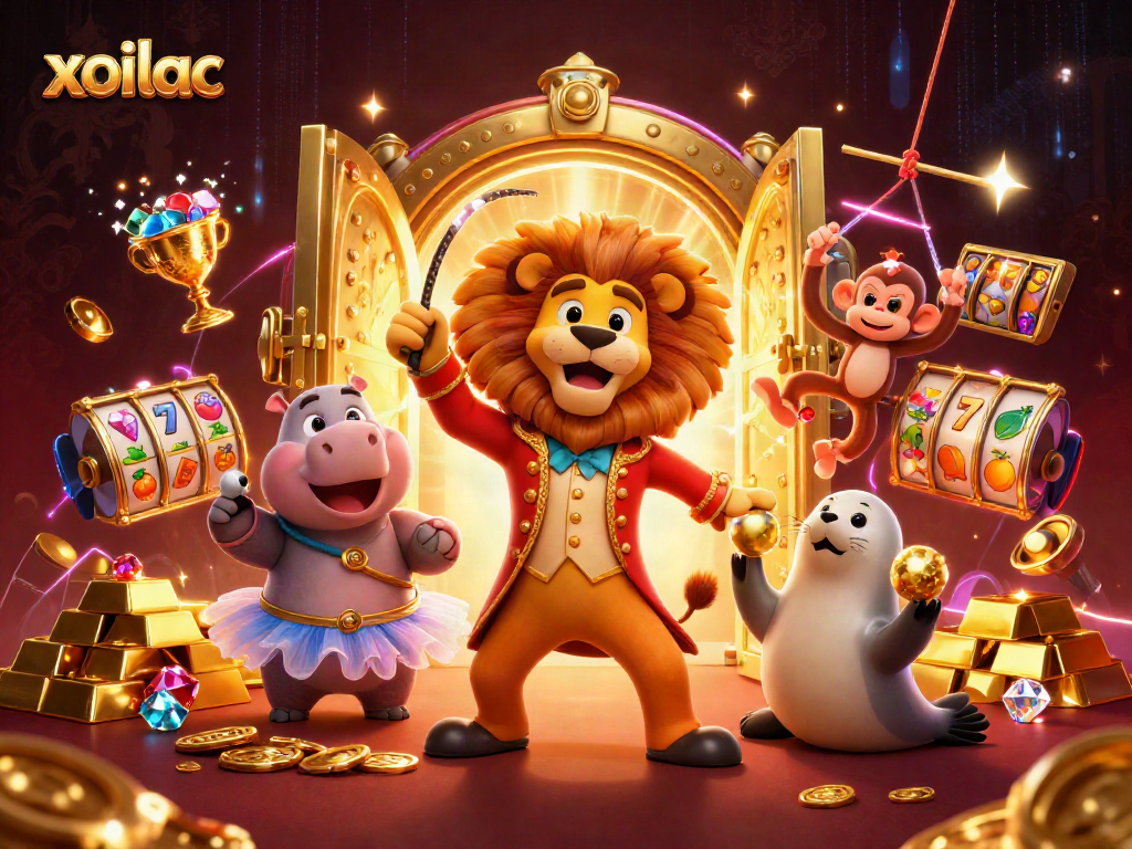 Experience the vibrancy of xoilac with a lively circus scene filled with treasures and slot elements.