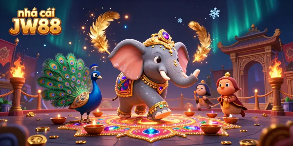 Experience the thrilling gaming adventure at nhà cái JW88 with energetic casino characters and rich decorations.