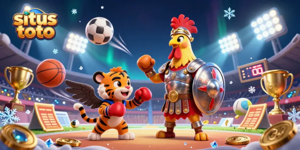 Situs toto showcases an energetic arena fight scene with a gladiator rooster and a tiger cub sparring amidst vibrant sports betting elements.