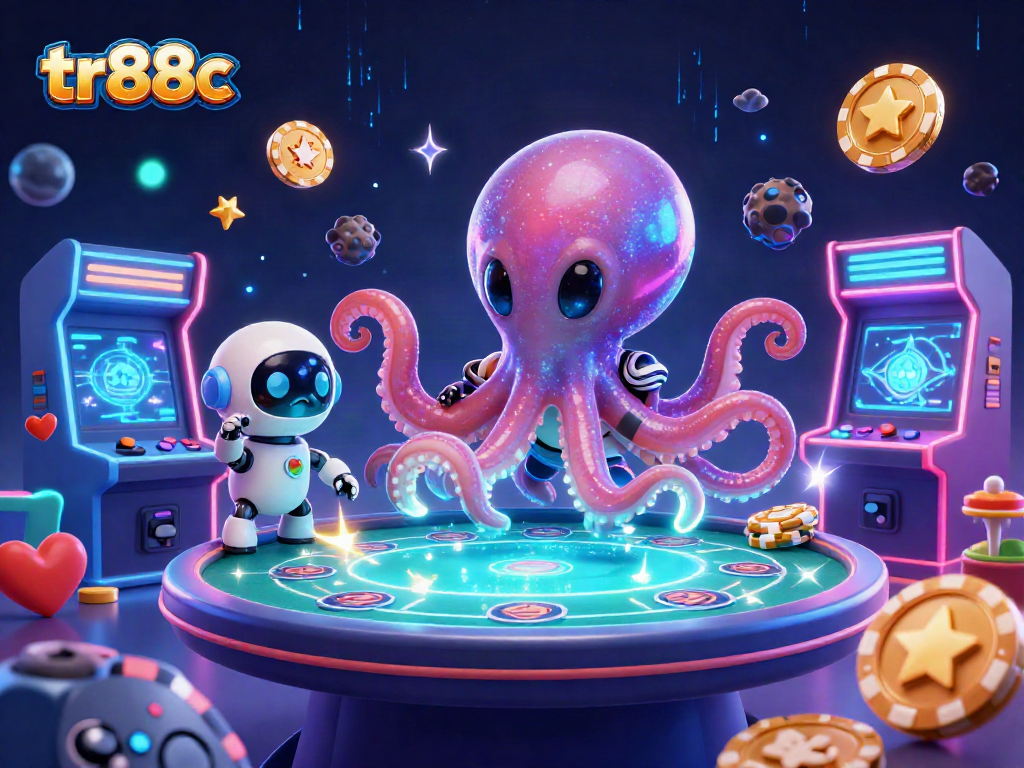 Play exciting poker games with tr88c's alien octopus dealer in a vibrant 3D casino setting.