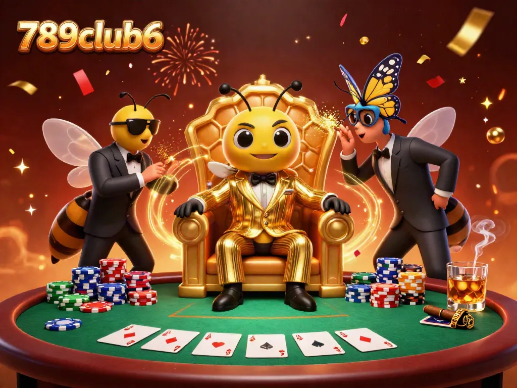 Action-packed scene with 789club6's cartoon bumblebee mob boss in a golden pinstripe suit at a poker table.