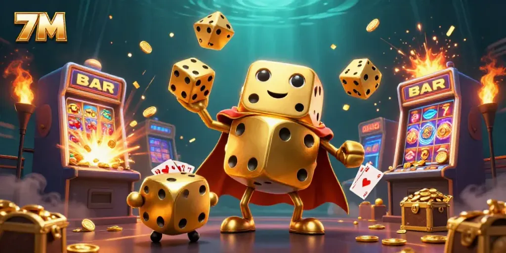 7M brings excitement with dynamic casino elements and dazzling golden dice in this vibrant illustration.