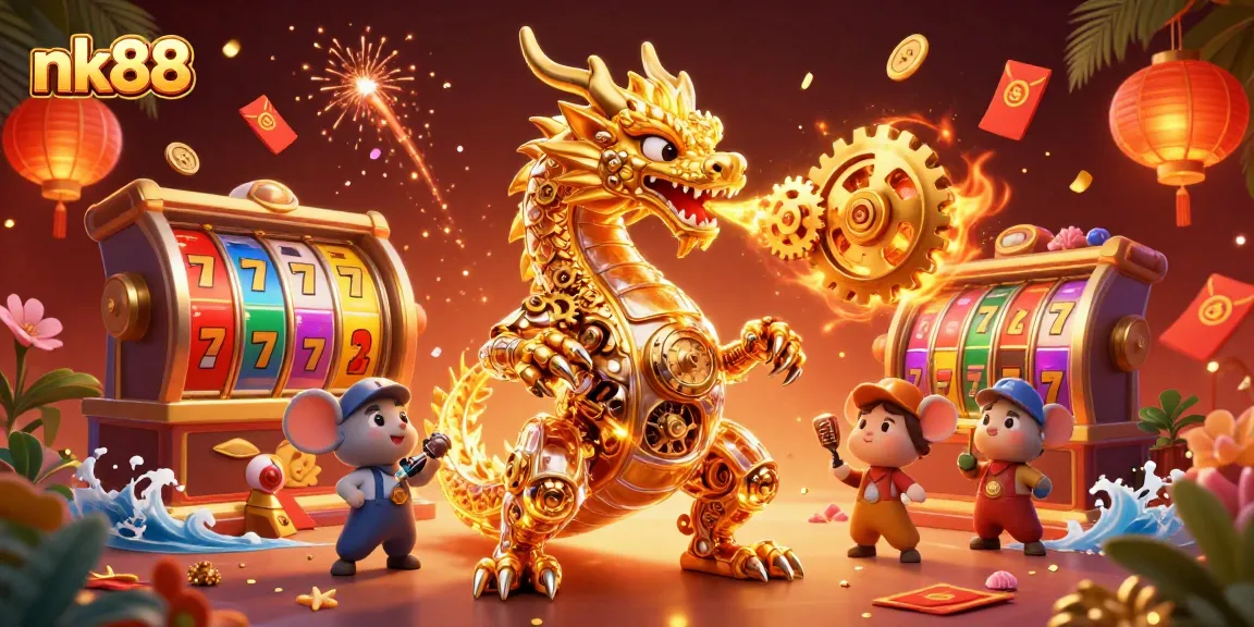 Experience thrilling nk88 slots with a golden dragon and dazzling casino elements.