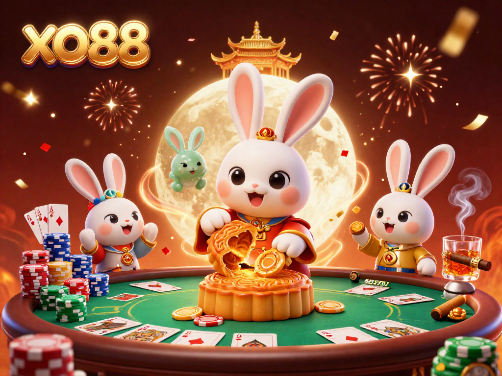 Experience thrilling poker adventures with xo88's captivating moon rabbit casino scene, filled with excitement.