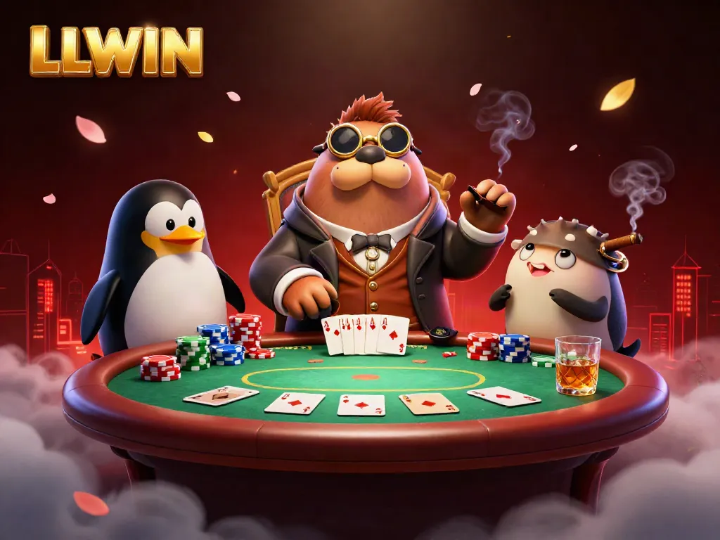 Experience exciting poker gameplay at LLWIN with a walrus, penguin dealer, and pufferfish animated at an underwater casino table.