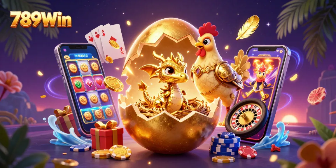Experience the thrill at 789Win with a golden egg revealing a dragon, poker chips, and slot games for big wins.