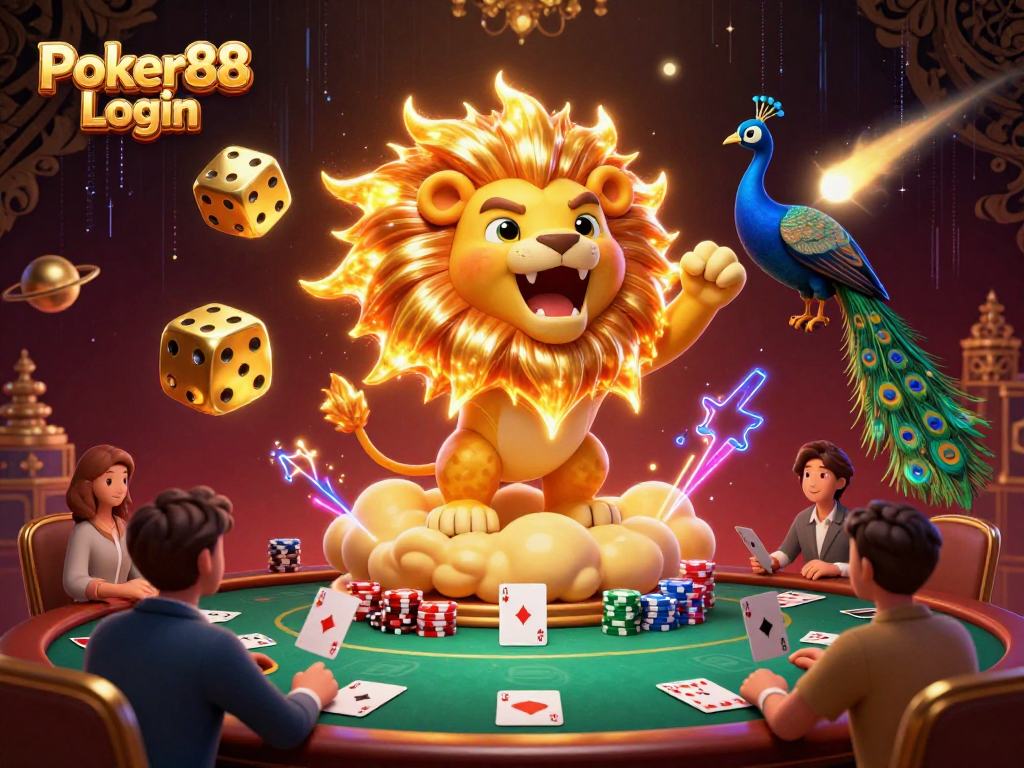 Poker88 Login: Engage with thrilling poker action featuring a roaring lion and vibrant casino elements.