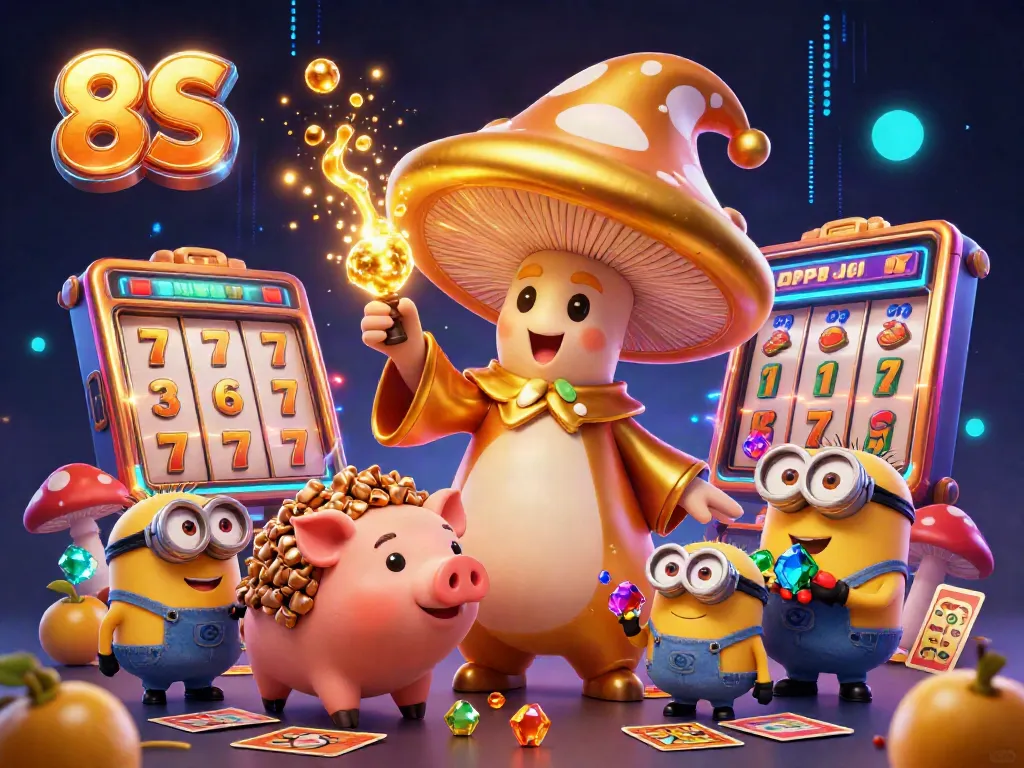 Experience the magic of 8S with a golden mushroom wizard surrounded by slots, gems, and treasures in a vibrant casino scene.