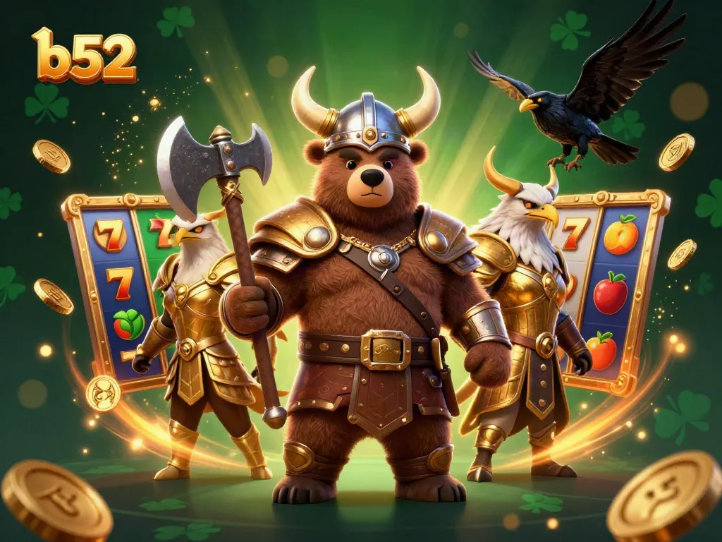Engage with thrilling slots and jackpots at b52, featuring vibrant 3D characters and dynamic casino elements.