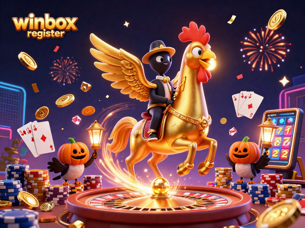 Winbox register process illustrated with a golden rooster and casino elements in a vibrant scene.