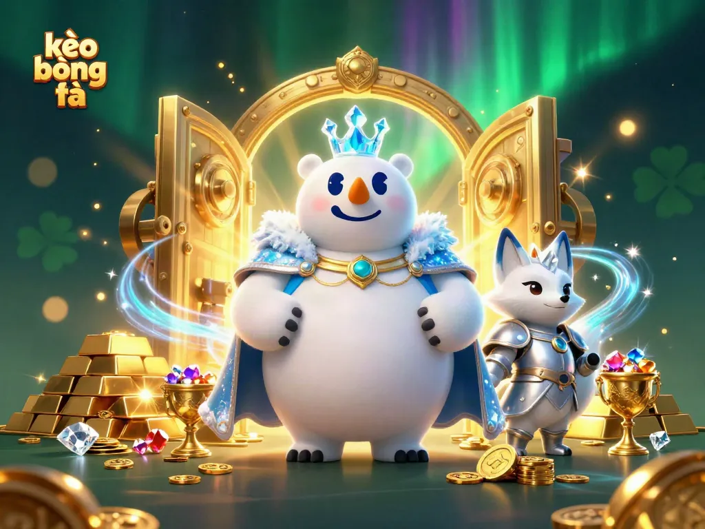 Strike winning odds with kèo bóng đá in this immersive 3D casino illustration, depicting a royal polar bear and snow fox.
