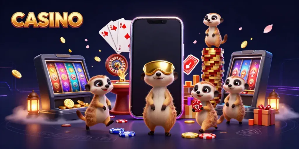 Meerkats running a vibrant CASINO operation, featuring gaming elements and lively interactions.