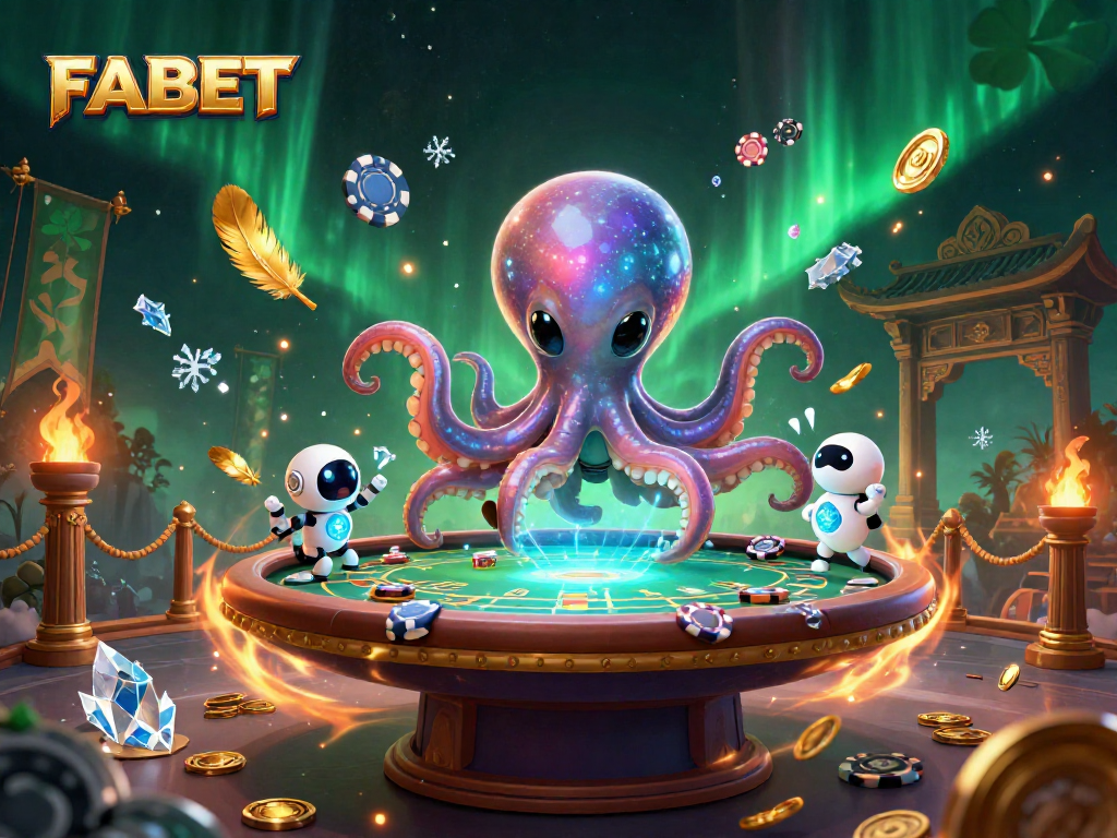 Experience FABET with an alien octopus at a dynamic poker table in a cosmic, vibrant casino scene.