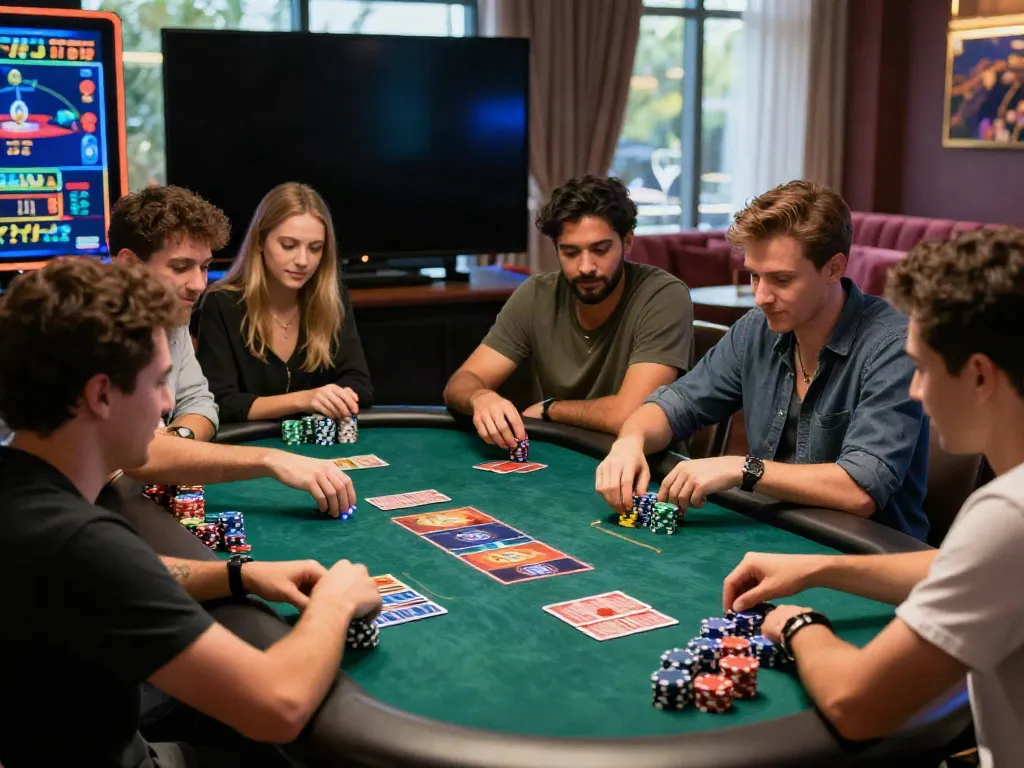 Exciting scene of friends enjoying the best non GamStop casinos UK experience with vibrant gaming atmosphere.