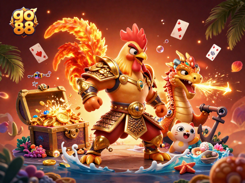 Engage in thrilling gameplay at go 88 with a powerful rooster warrior and dragon in a vibrant casino scene.