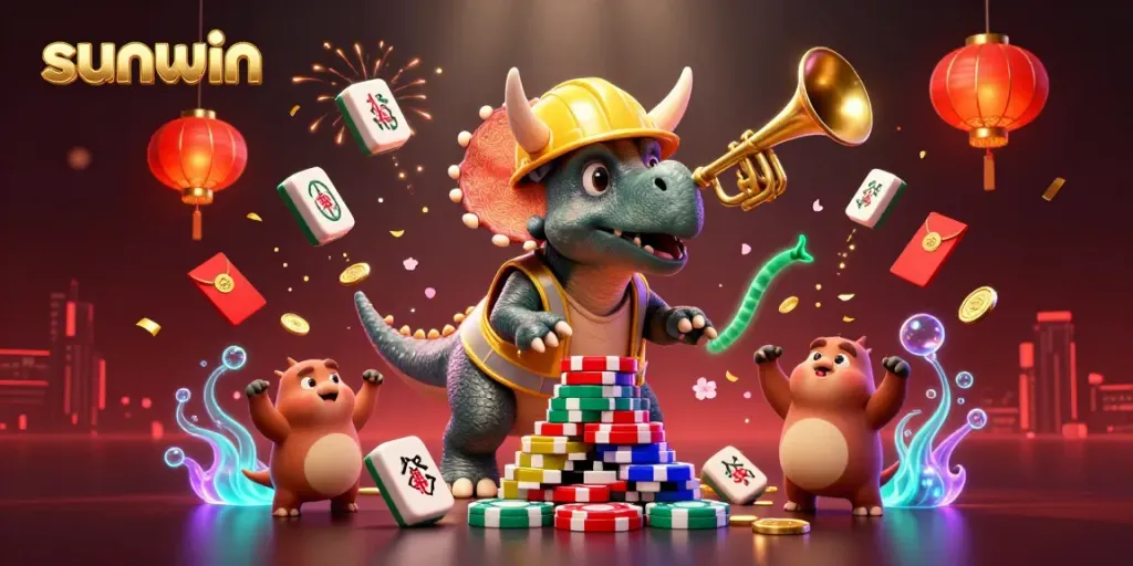 Engage in the vibrant action of sunwin as cartoon characters celebrate over a pile of poker chips amidst festive casino elements.