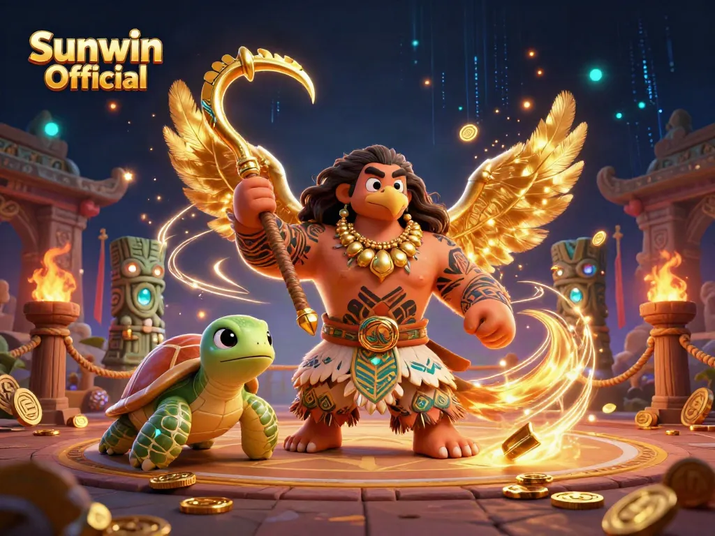 Engaging scene showcasing Sunwin Official characters, including a demigod hawk and turtle in a vibrant casino setting, emphasizing fun gaming atmosphere.