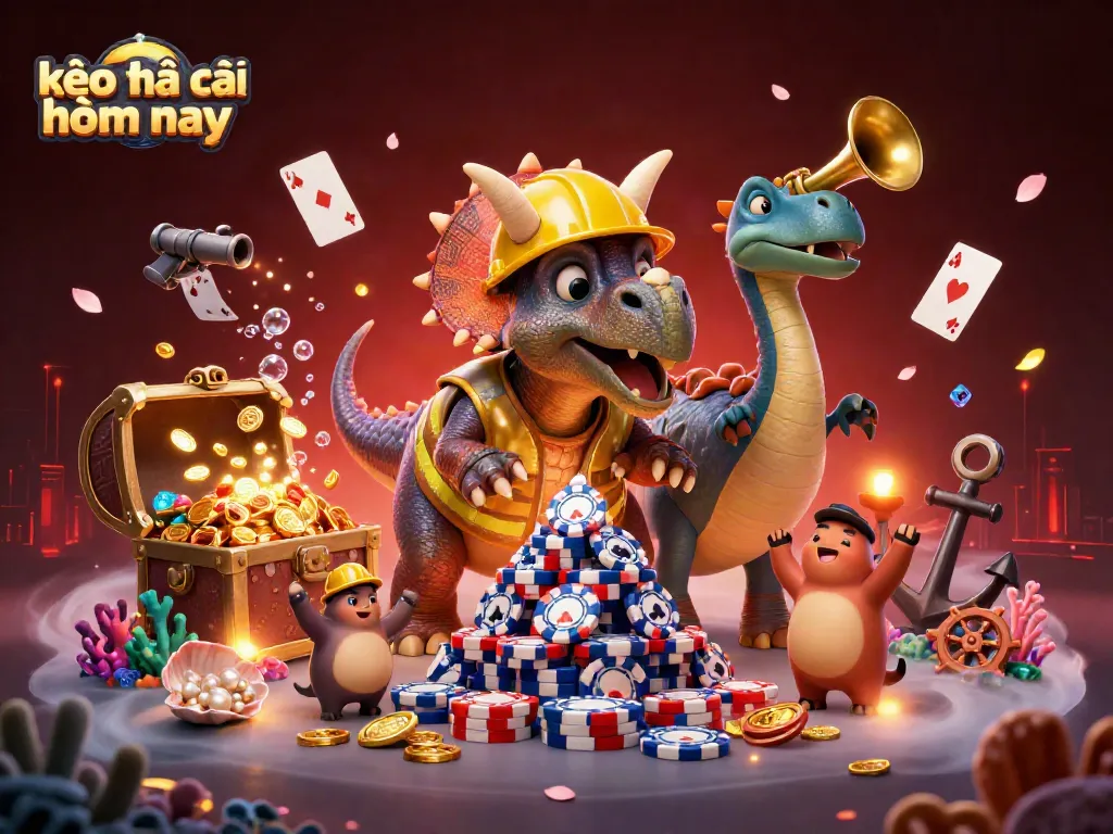 Engage in vibrant gaming with kèo nhà cái hôm nay and festive dinosaur characters celebrating wins.