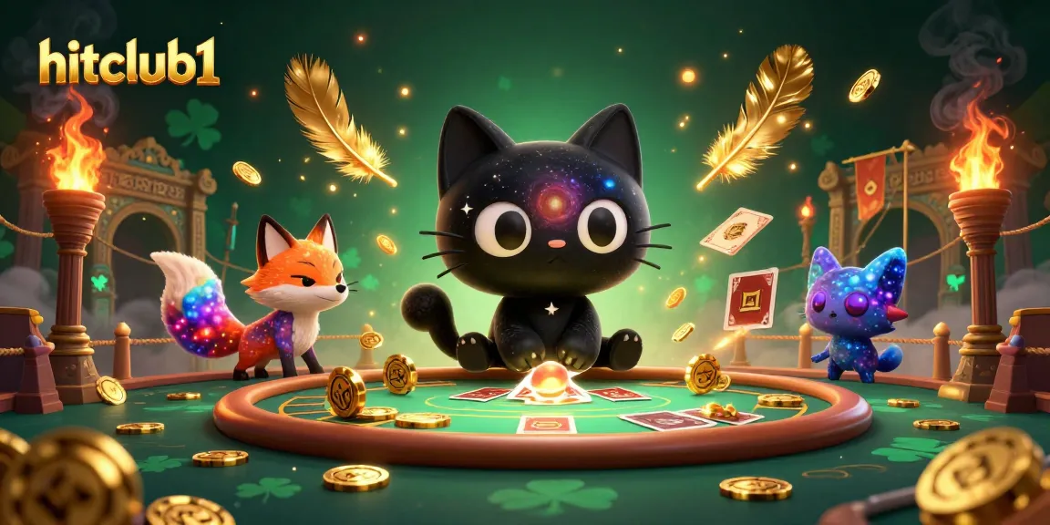 Experience hitclub1's thrilling cosmic casino scene with a black hole cat and colorful nebula fox.
