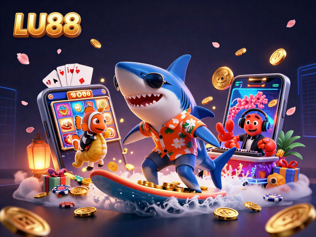 LU88 slots action with a shark character, golden coins, and vibrant casino elements