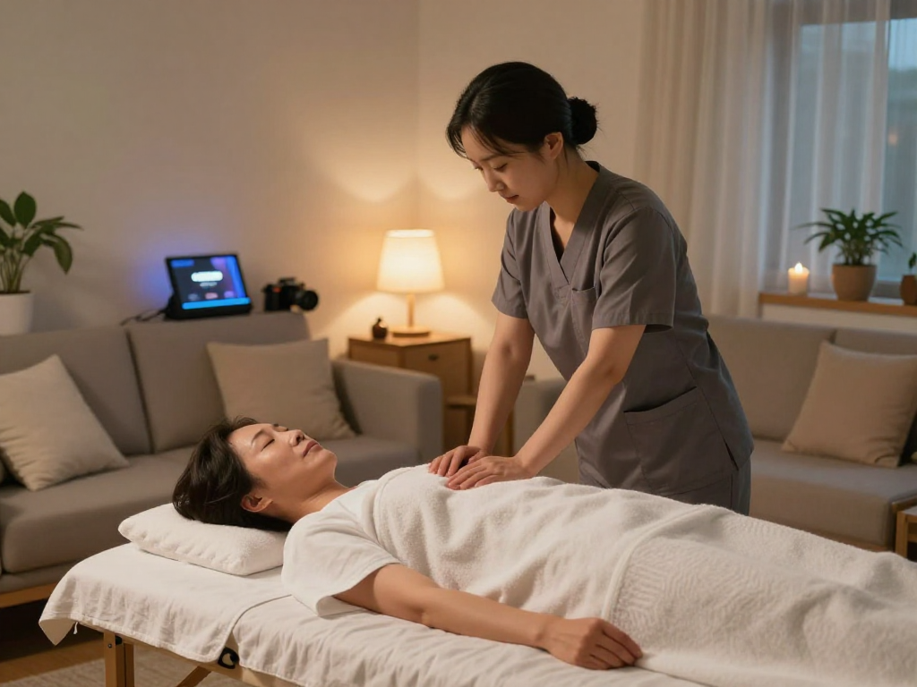 Relaxing 서대문출장마사지 scene with a professional therapist providing home massage therapy in a serene environment.