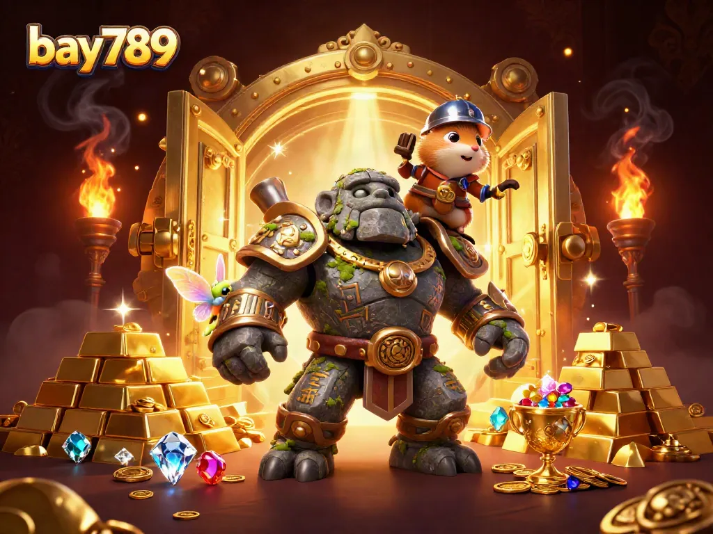 Experience the vibrant world of bay789 casino with a magical golem and treasure.