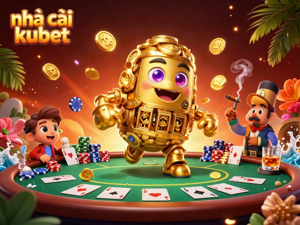 Experience the excitement at nhà cái kubet with vibrant poker elements and a golden golem.