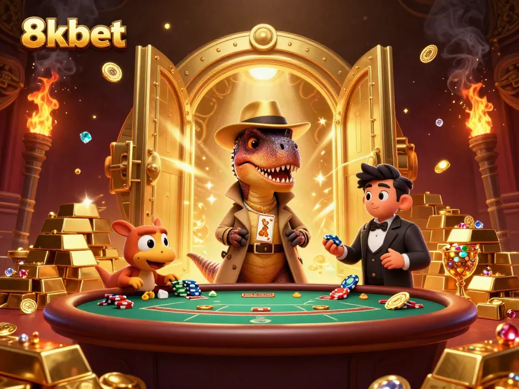 A velociraptor card counter caught at blackjack while a stegosaurus pit boss watches, showcasing 8kbet's lively casino atmosphere.