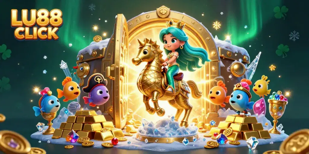 Experience thrilling gameplay at LU88 CLICK with this vibrant underwater adventure illustration showcasing mermaid princess and treasures.